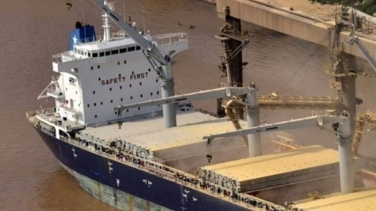 Buque carguero en puerto argentino listo para exportar maíz a China