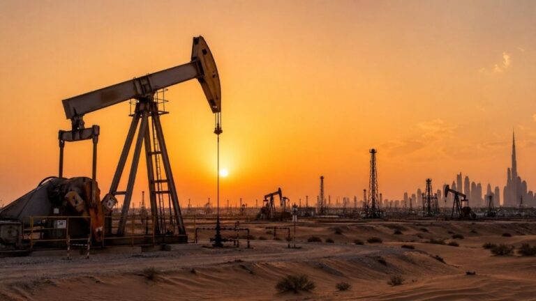 Bandera de Emiratos Árabes Unidos junto a un pozo petrolero