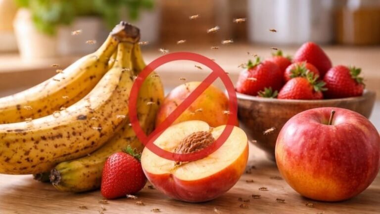 Mosquitas posadas sobre frutas maduras en una cocina