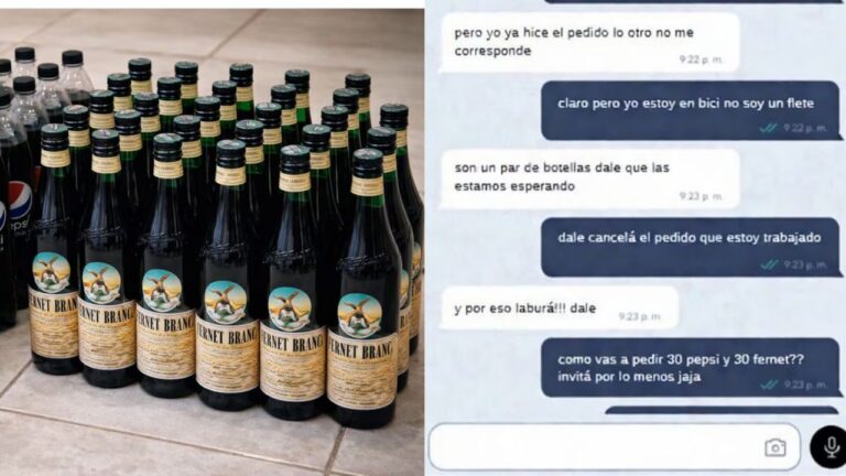 Captura de pantalla de un chat de una app de delivery mostrando un intercambio sobre un pedido de bebidas.