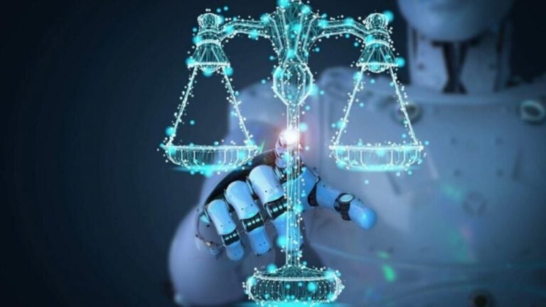 Fachada de la Corte de Justicia con símbolo de inteligencia artificial