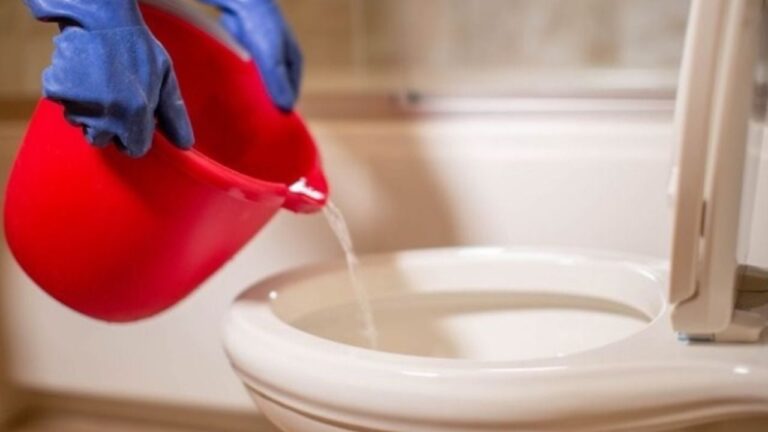 Persona vertiendo agua caliente en un inodoro para mantenimiento