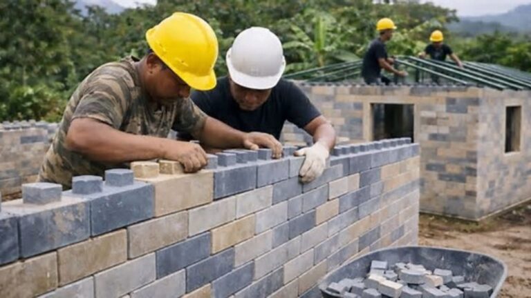Ladrillos de plástico reciclado apilados para construcción modular
