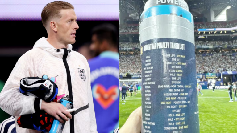 Papel pegado en la botella de Jordan Pickford con la lista de pateadores argentinos