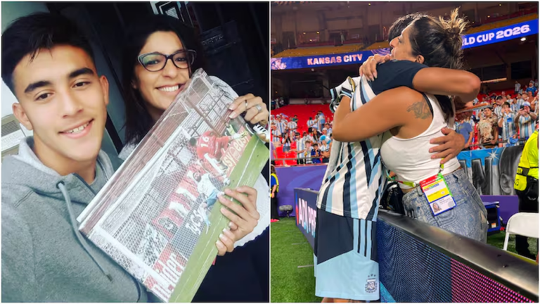 Nicolás González abraza a la fotógrafa Natalia Ponce mientras le entrega su camiseta