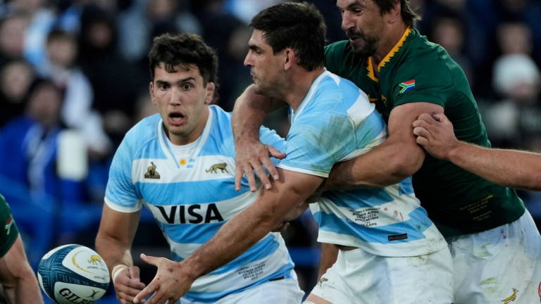 Jugadores de Los Pumas durante el partido contra Sudáfrica en Vélez
